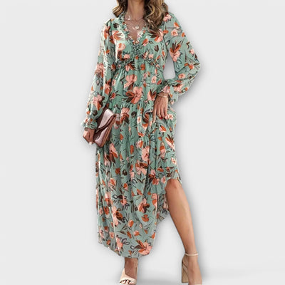 Long-Sleeve Floral Print Wrap Maxi Dress