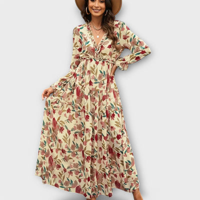 Long-Sleeve Floral Print Wrap Maxi Dress