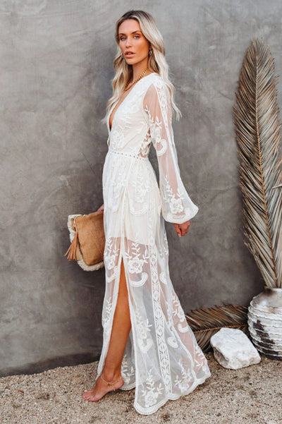 Long Women's Nemia Dress - White Lace Boho Dress with Deep Neck and High Slit