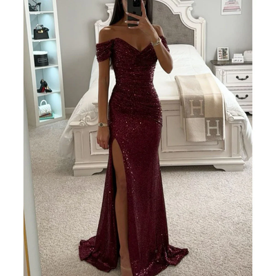 Della - Off-Shoulder Sequin Maxi Dress with High Split