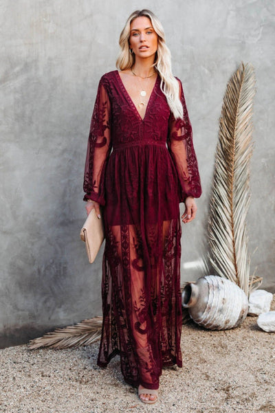 Long Women's Nemia Dress - White Lace Boho Dress with Deep Neck and High Slit