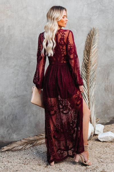 Long Women's Nemia Dress - White Lace Boho Dress with Deep Neck and High Slit