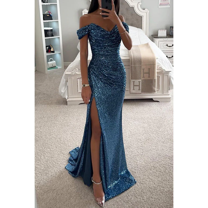Della - Off-Shoulder Sequin Maxi Dress with High Split