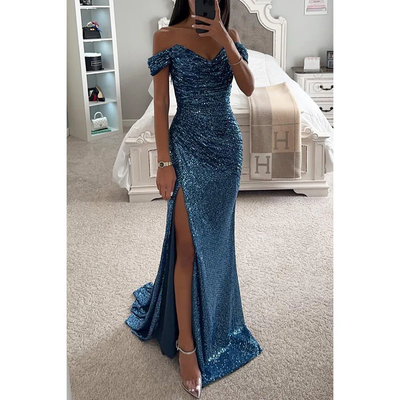 Della - Off-Shoulder Sequin Maxi Dress with High Split