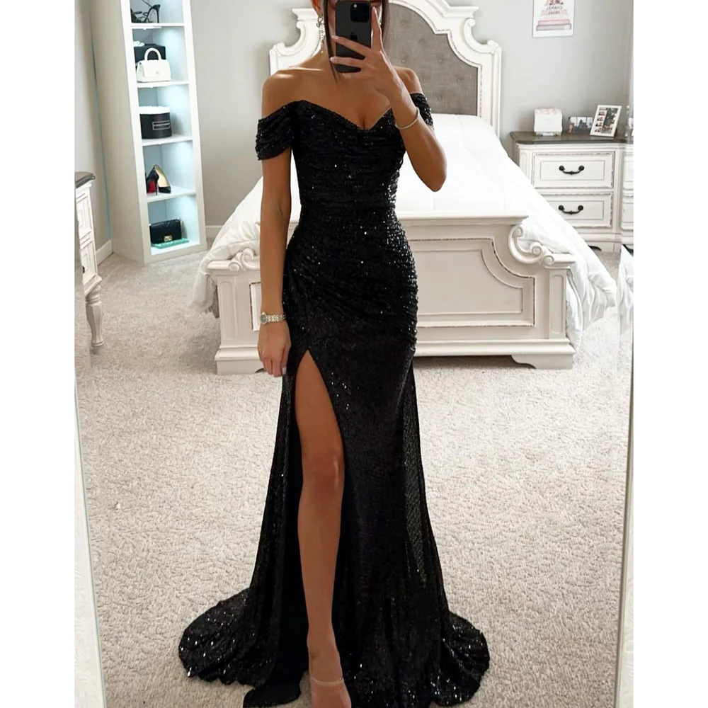 Della - Off-Shoulder Sequin Maxi Dress with High Split