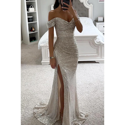 Della - Off-Shoulder Sequin Maxi Dress with High Split