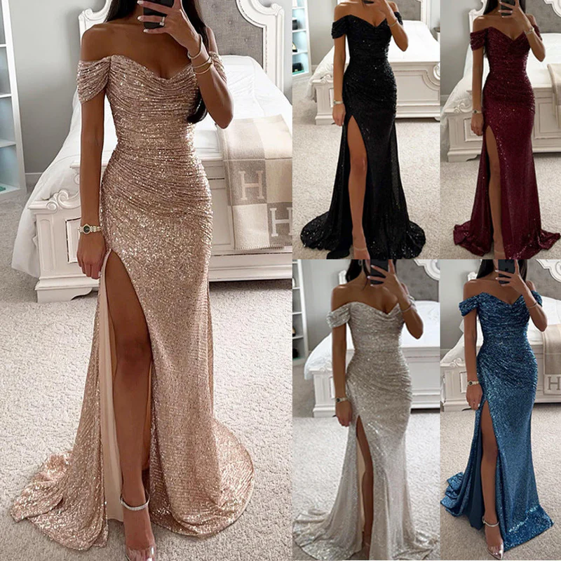 Della - Off-Shoulder Sequin Maxi Dress with High Split