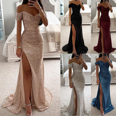Della - Off-Shoulder Sequin Maxi Dress with High Split