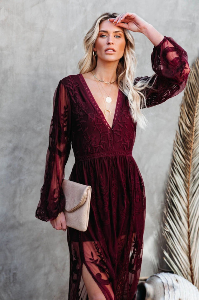 Long Women's Nemia Dress - White Lace Boho Dress with Deep Neck and High Slit