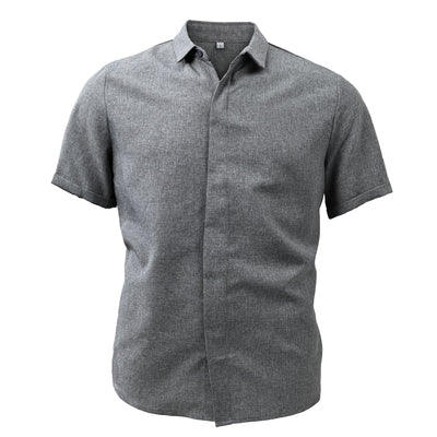 Men's shirt - Button closure - Breathable cotton and linen blend - Regular fit - Short sleeves