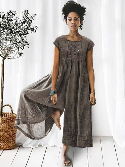 Klassisk kortærmet hør-jumpsuit med brede ben og knapper til kvinder | Perfekt til forår/sommer