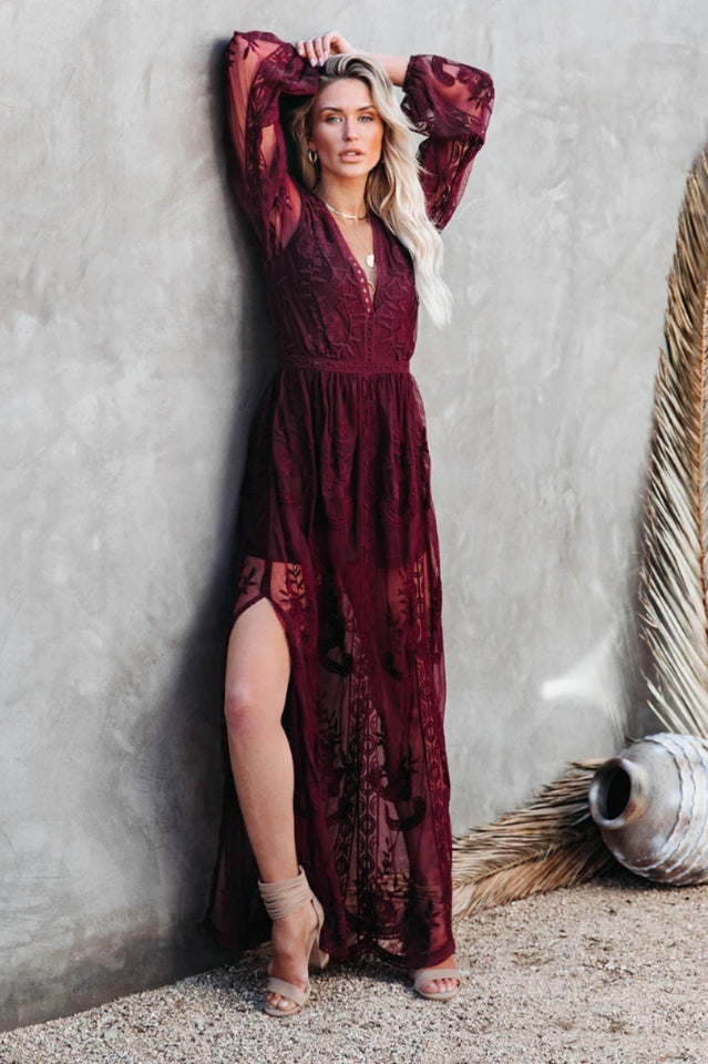 Long Women's Nemia Dress - White Lace Boho Dress with Deep Neck and High Slit