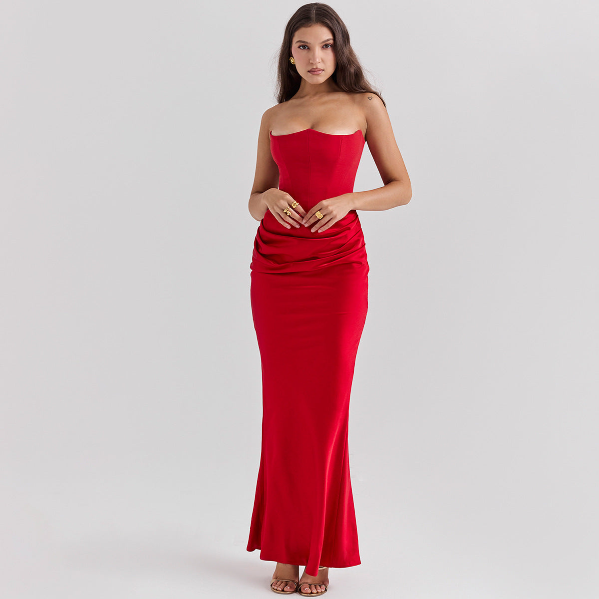Katie Women's Evening Dress - Strapless Long Dress with Exposed Back and Elegant Waisted Cut