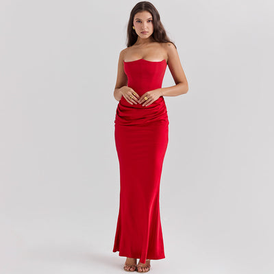 Katie Women's Evening Dress - Strapless Long Dress with Exposed Back and Elegant Waisted Cut