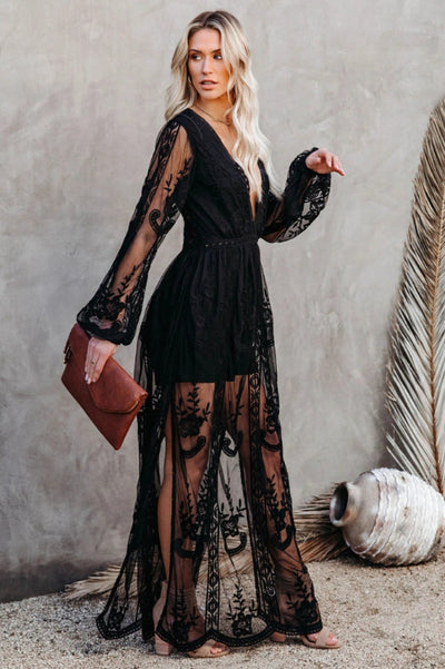 Long Women's Nemia Dress - White Lace Boho Dress with Deep Neck and High Slit