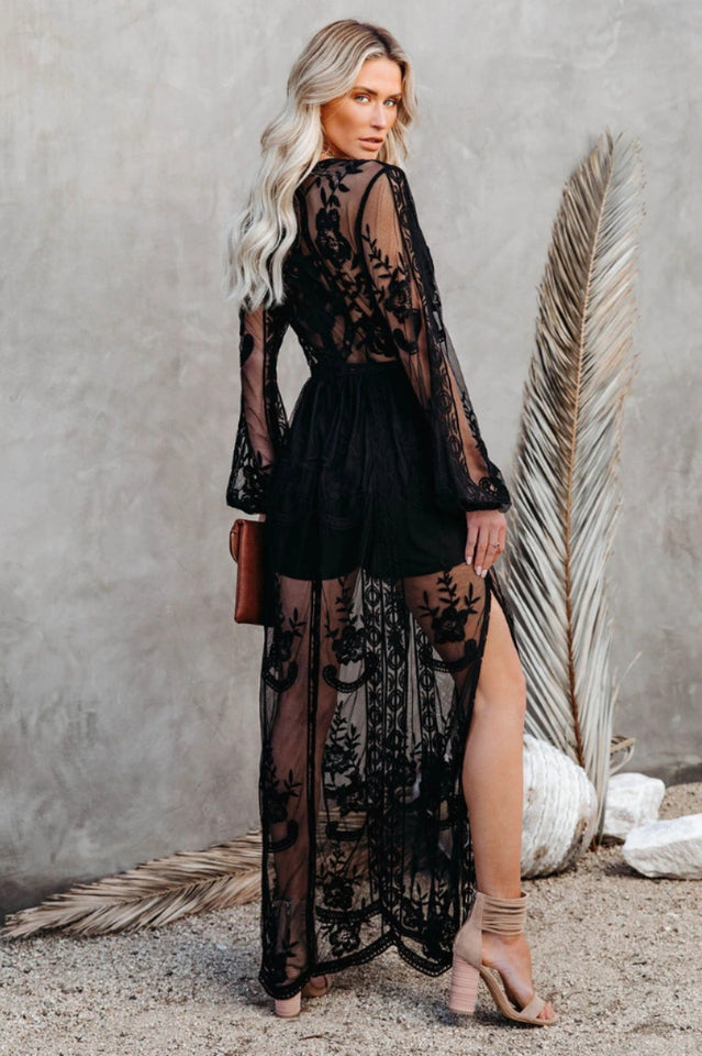 Long Women's Nemia Dress - White Lace Boho Dress with Deep Neck and High Slit