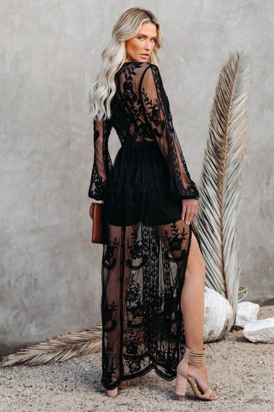 Long Women's Nemia Dress - White Lace Boho Dress with Deep Neck and High Slit