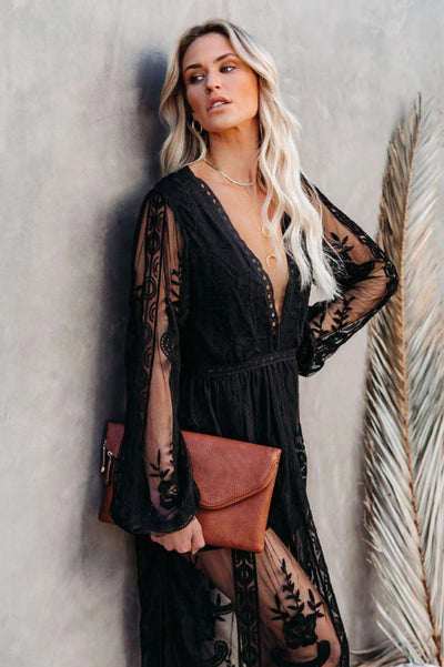 Long Women's Nemia Dress - White Lace Boho Dress with Deep Neck and High Slit