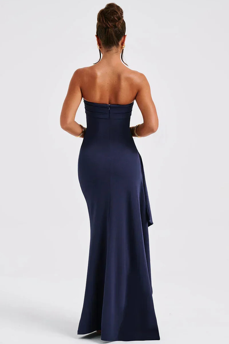 Strapless Evening Gown with Side Ruching and High Slit