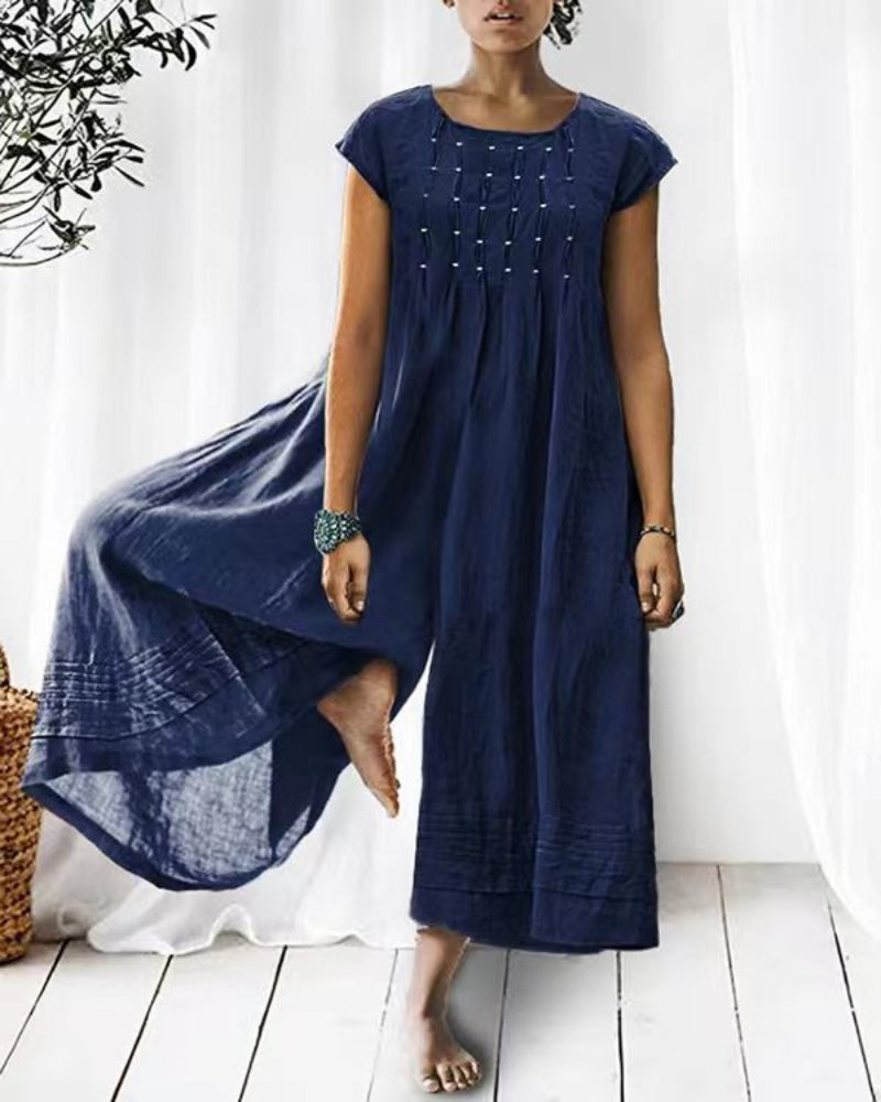 Klassisk kortærmet hør-jumpsuit med brede ben og knapper til kvinder | Perfekt til forår/sommer