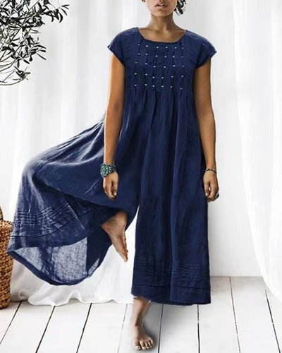 Klassisk kortærmet hør-jumpsuit med brede ben og knapper til kvinder | Perfekt til forår/sommer