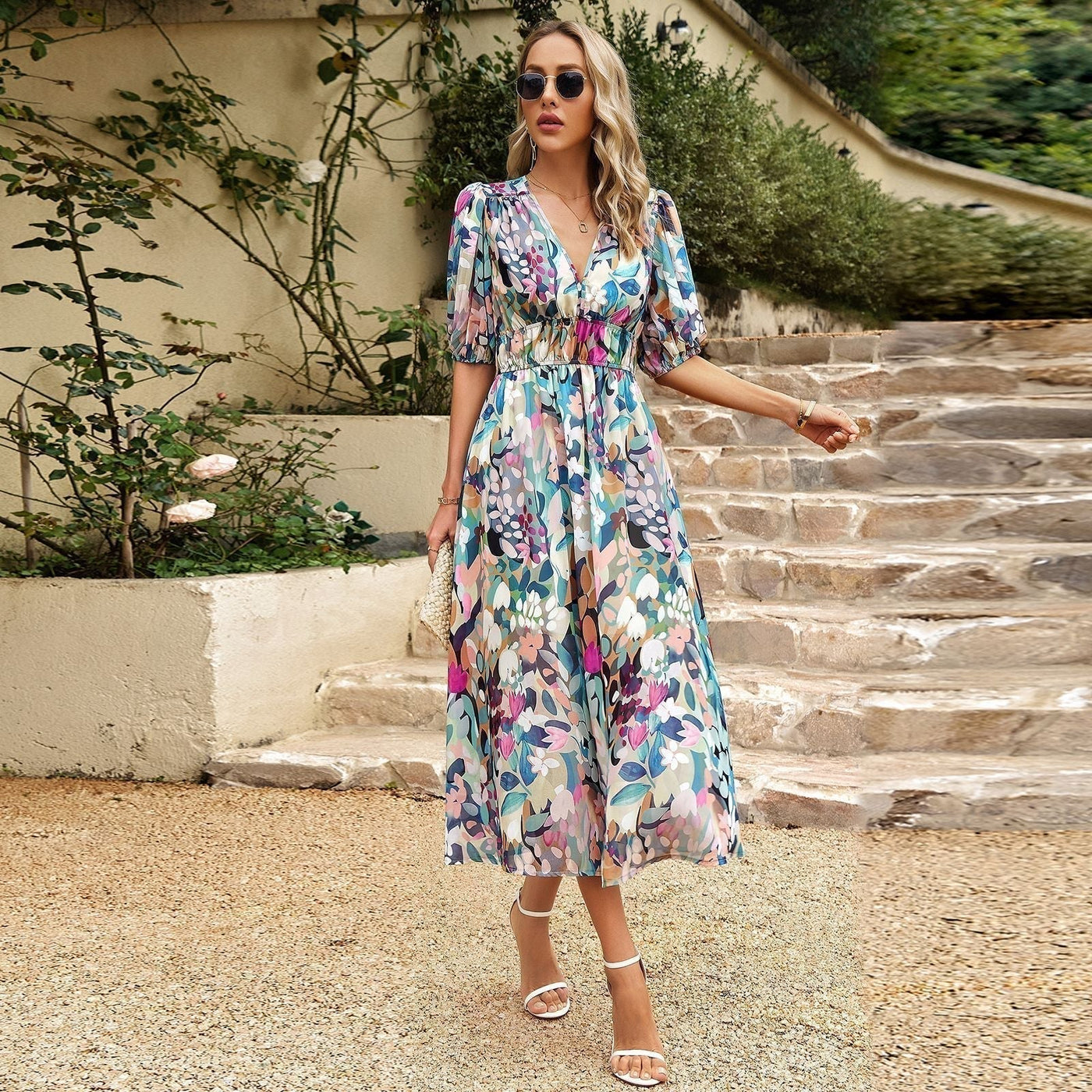 Women’s Puff-Sleeve Floral Midi Dress