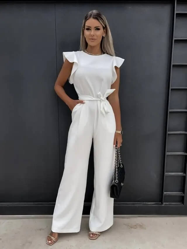 Women’s Elegant Belted Wide-Leg Jumpsuit with Cap Sleeves