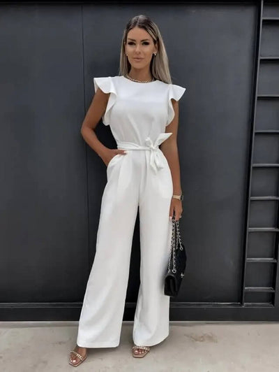 Women’s Elegant Belted Wide-Leg Jumpsuit with Cap Sleeves