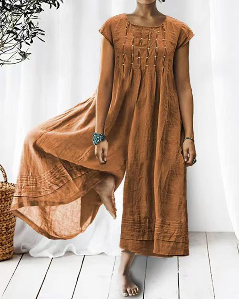 Klassisk kortærmet hør-jumpsuit med brede ben og knapper til kvinder | Perfekt til forår/sommer