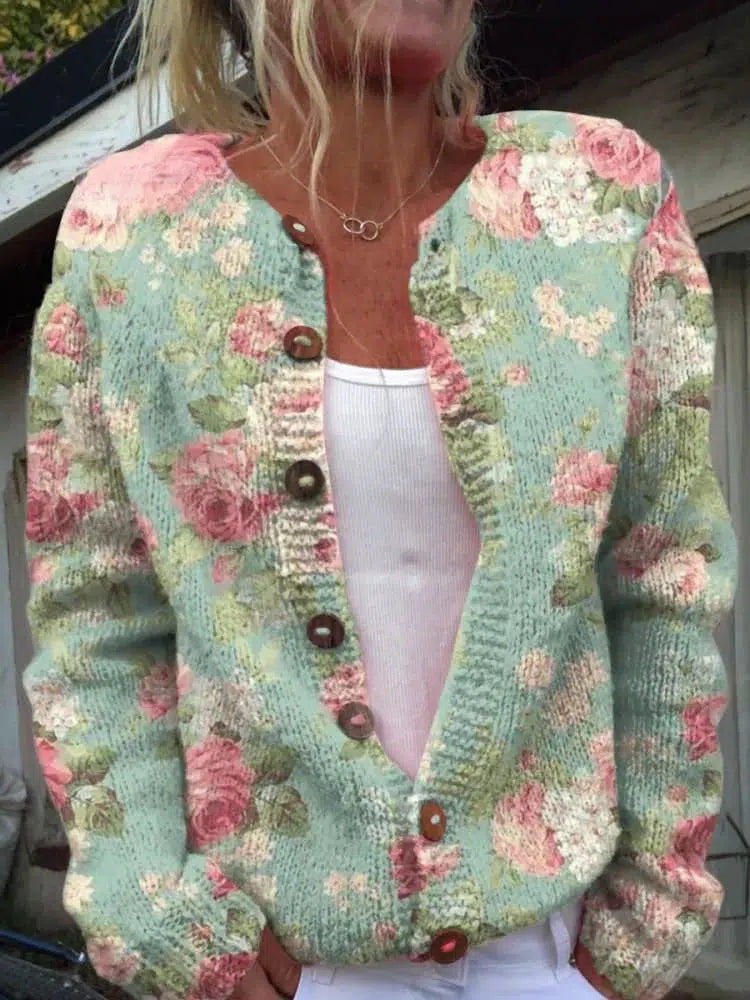 Grøn blomsterprintet kraveløs langærmet cardigan