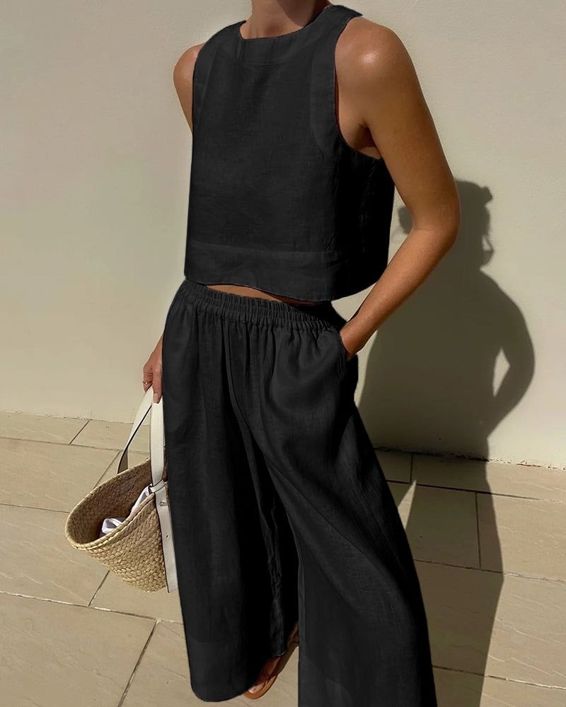Women’s Sleeveless Crop Top and Wide-Leg Pants Summer Set