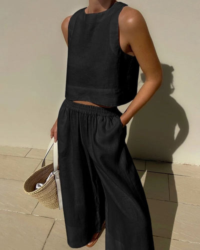 Women’s Sleeveless Crop Top and Wide-Leg Pants Summer Set
