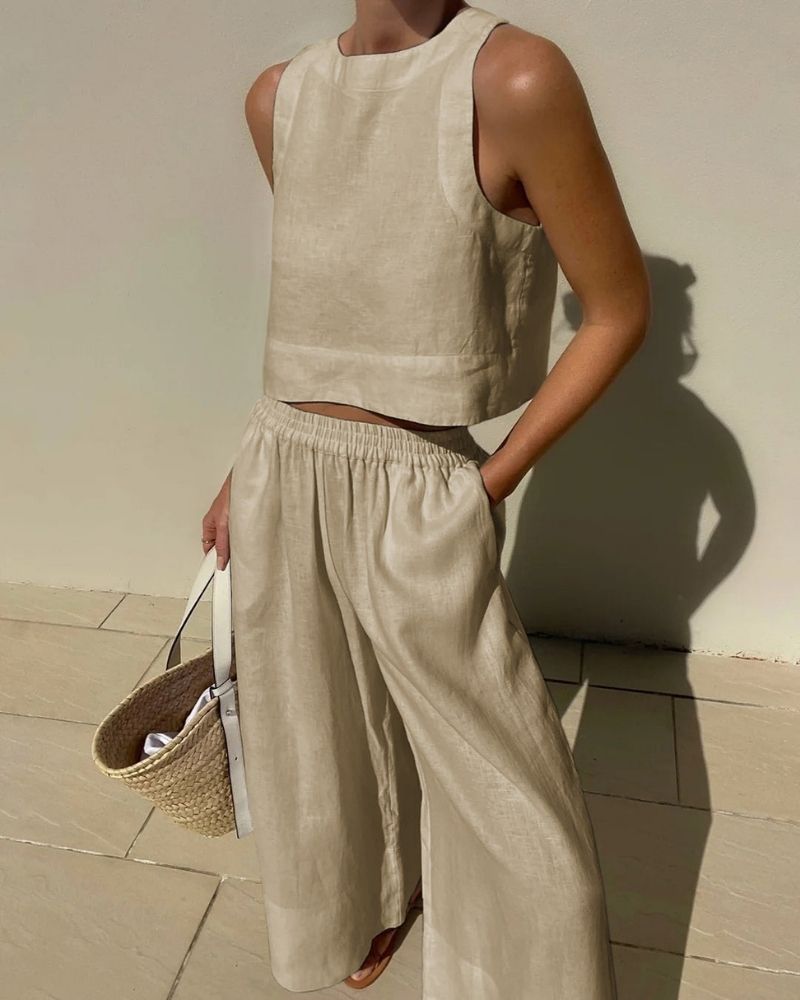 Women’s Sleeveless Crop Top and Wide-Leg Pants Summer Set