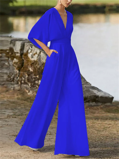 Elegant jumpsuit med brede ben og V-hals og flagermusærmer til kvinder | Ideel til vinteren