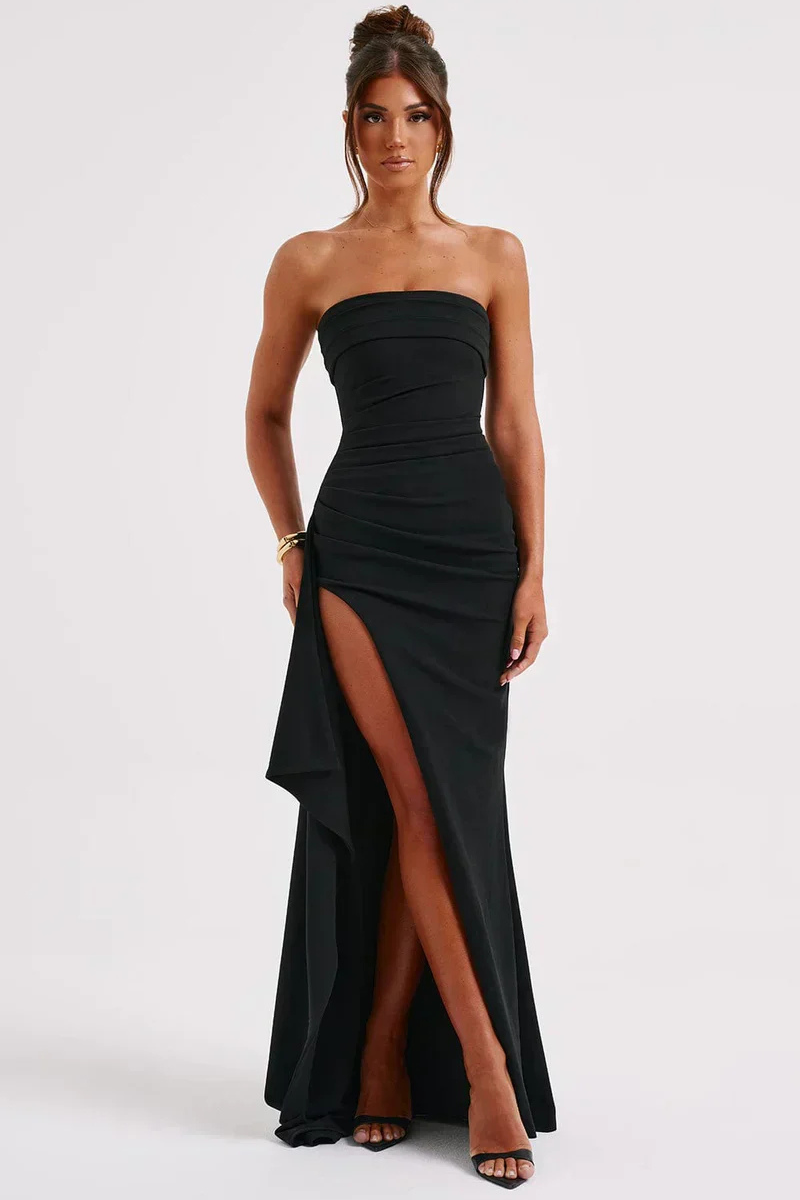 Strapless Evening Gown with Side Ruching and High Slit