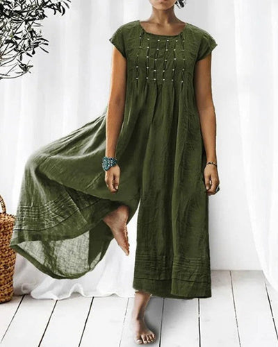 Klassisk kortærmet hør-jumpsuit med brede ben og knapper til kvinder | Perfekt til forår/sommer