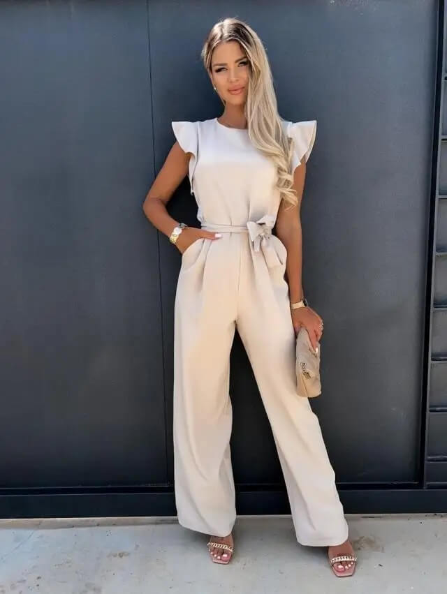 Women’s Elegant Belted Wide-Leg Jumpsuit with Cap Sleeves