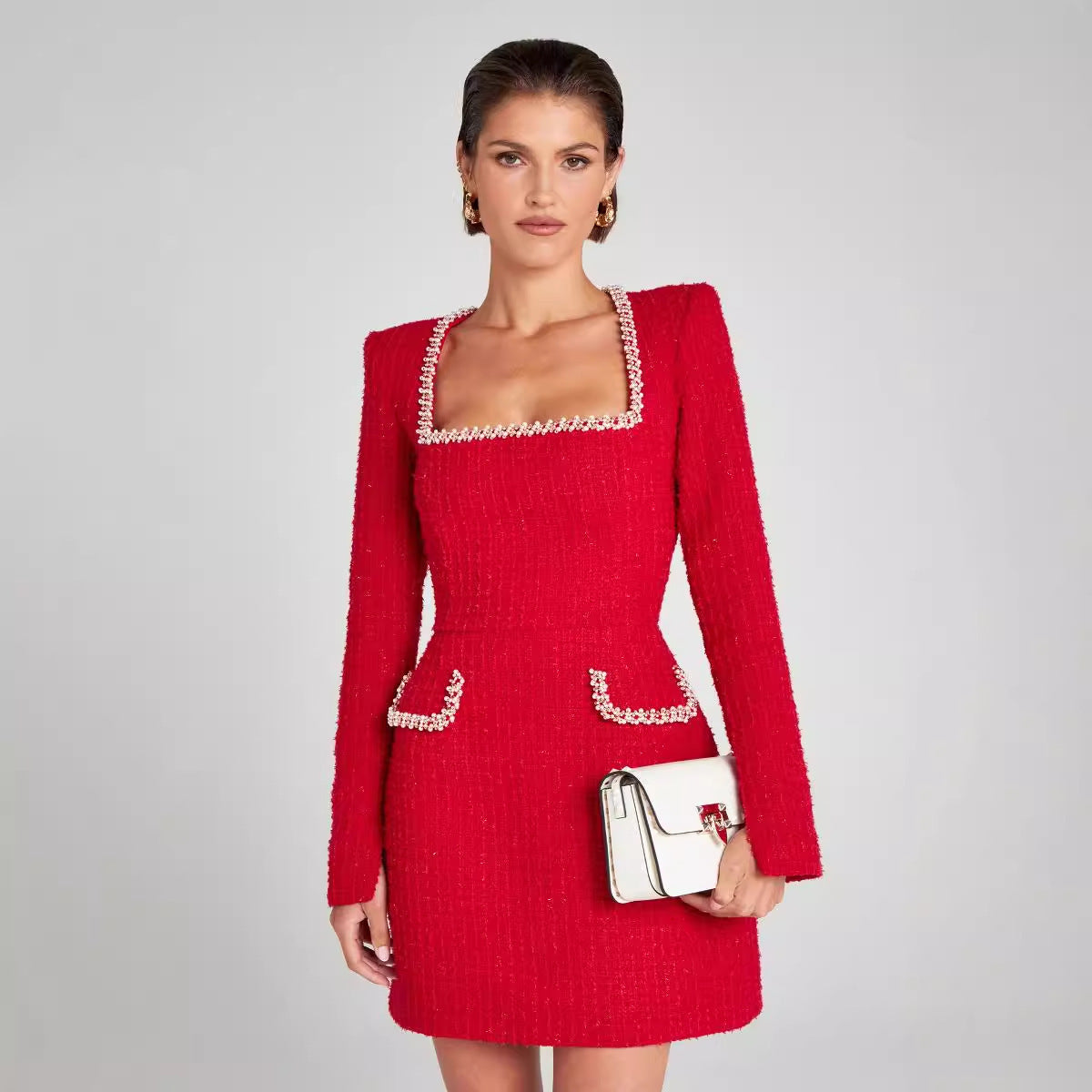 Marion - Elegant Beaded Detail Woman's U Neck Dress