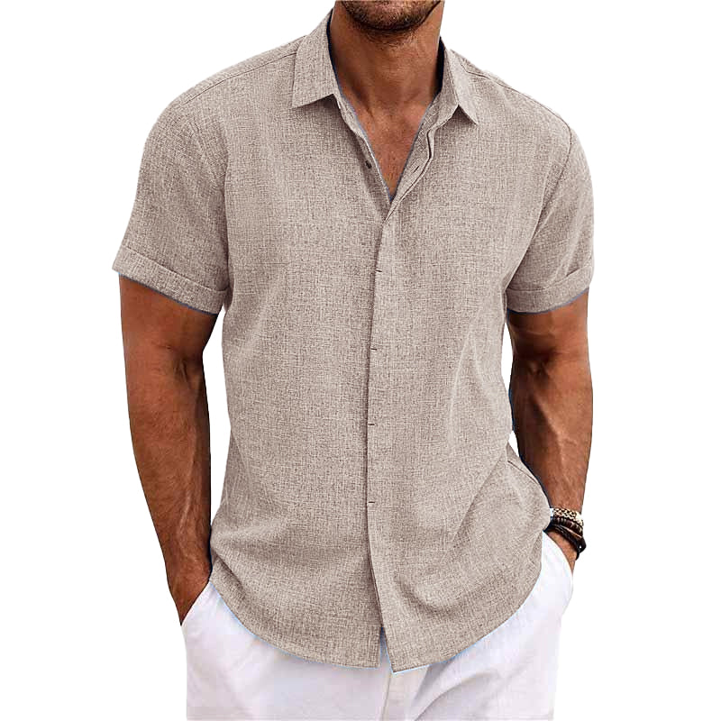 Men's shirt - Button closure - Breathable cotton and linen blend - Regular fit - Short sleeves