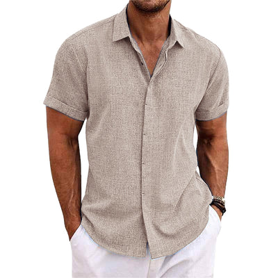Men's shirt - Button closure - Breathable cotton and linen blend - Regular fit - Short sleeves