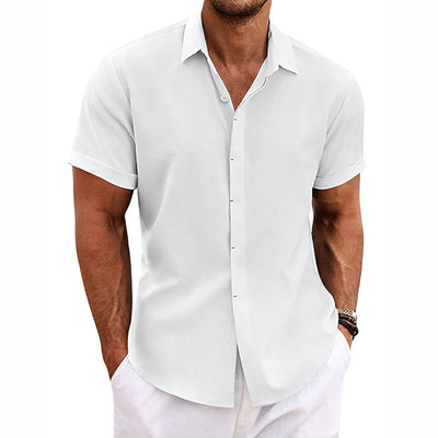 Men's shirt - Button closure - Breathable cotton and linen blend - Regular fit - Short sleeves