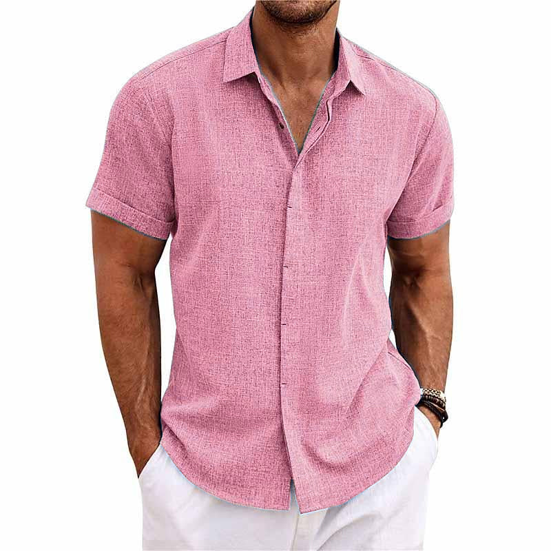 Men's shirt - Button closure - Breathable cotton and linen blend - Regular fit - Short sleeves