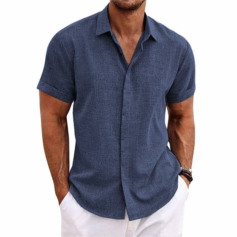 Men's shirt - Button closure - Breathable cotton and linen blend - Regular fit - Short sleeves