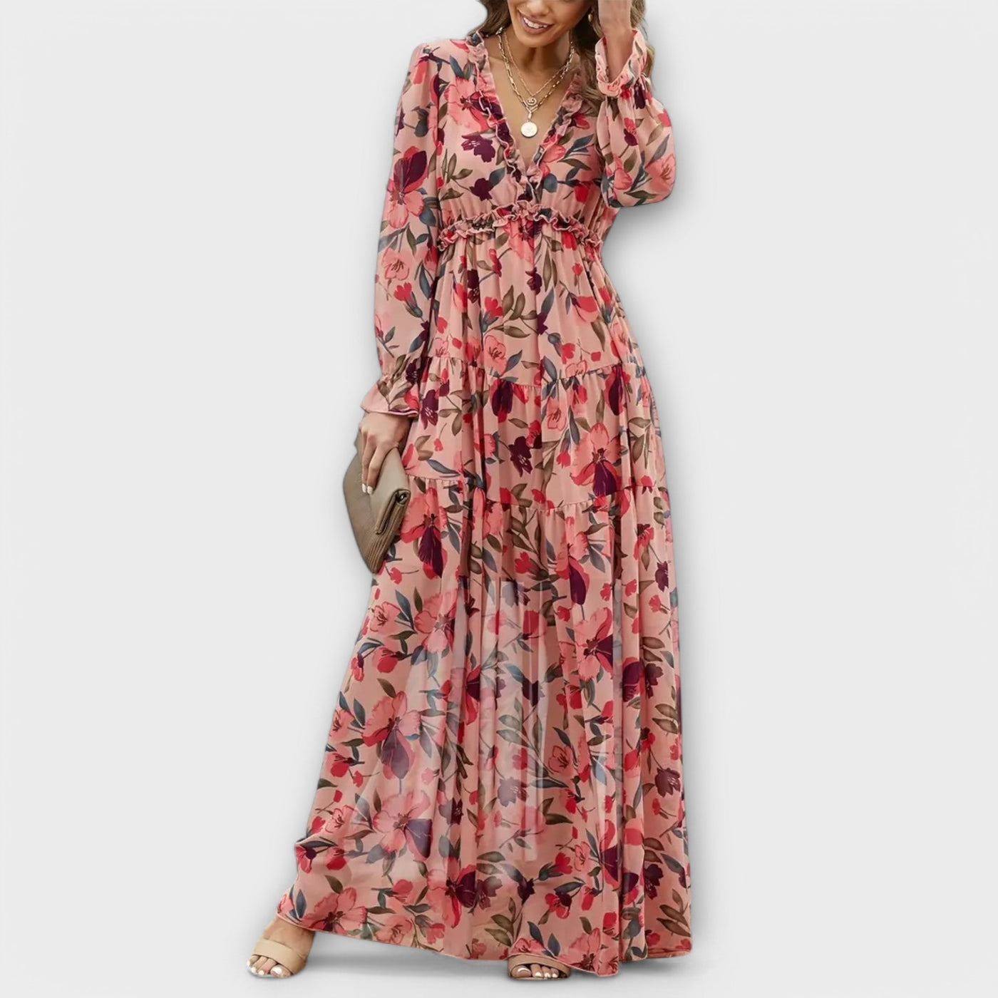 Long-Sleeve Floral Print Wrap Maxi Dress