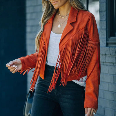 Cropped Fringe Jacket with Zipper Closure