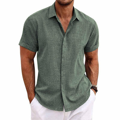 Men's shirt - Button closure - Breathable cotton and linen blend - Regular fit - Short sleeves