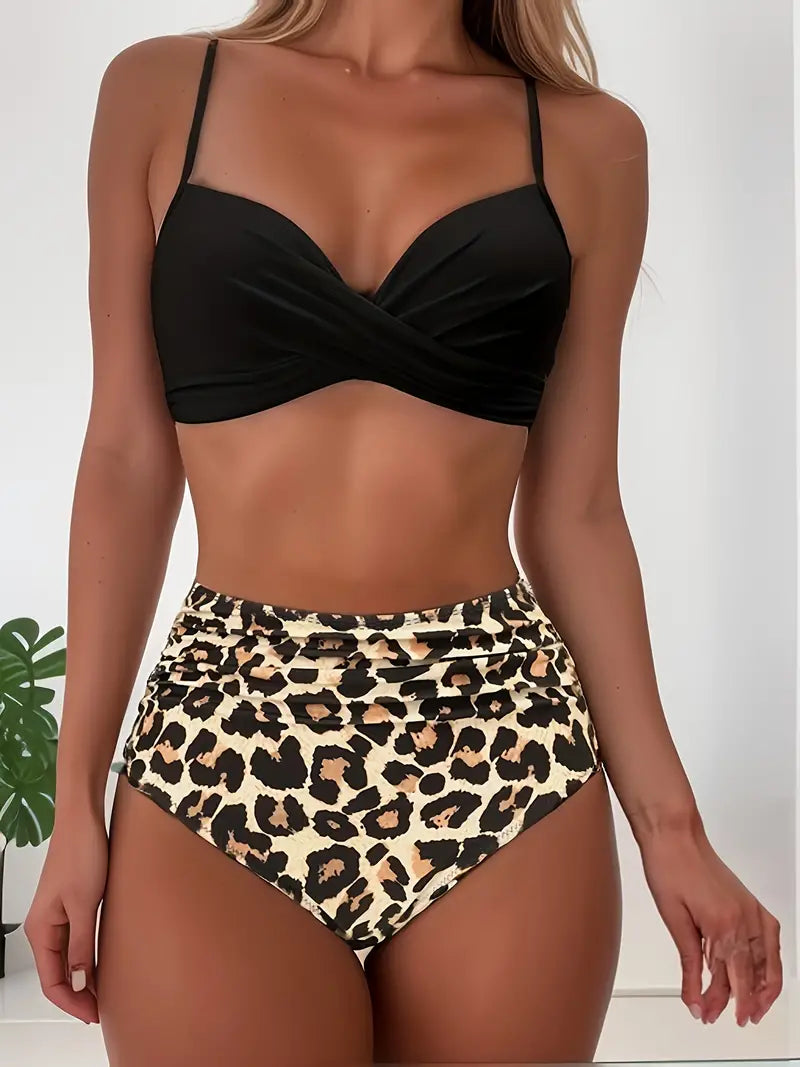 Cea Women's Swimsuit - Two-Piece Costume with Tropical Pattern and Neckline