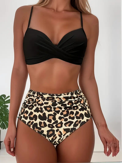 Cea Women's Swimsuit - Two-Piece Costume with Tropical Pattern and Neckline