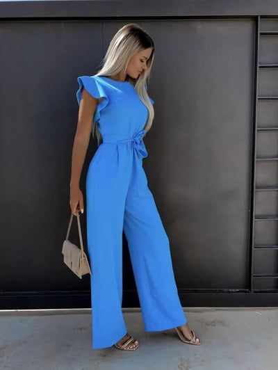 Women’s Elegant Belted Wide-Leg Jumpsuit with Cap Sleeves