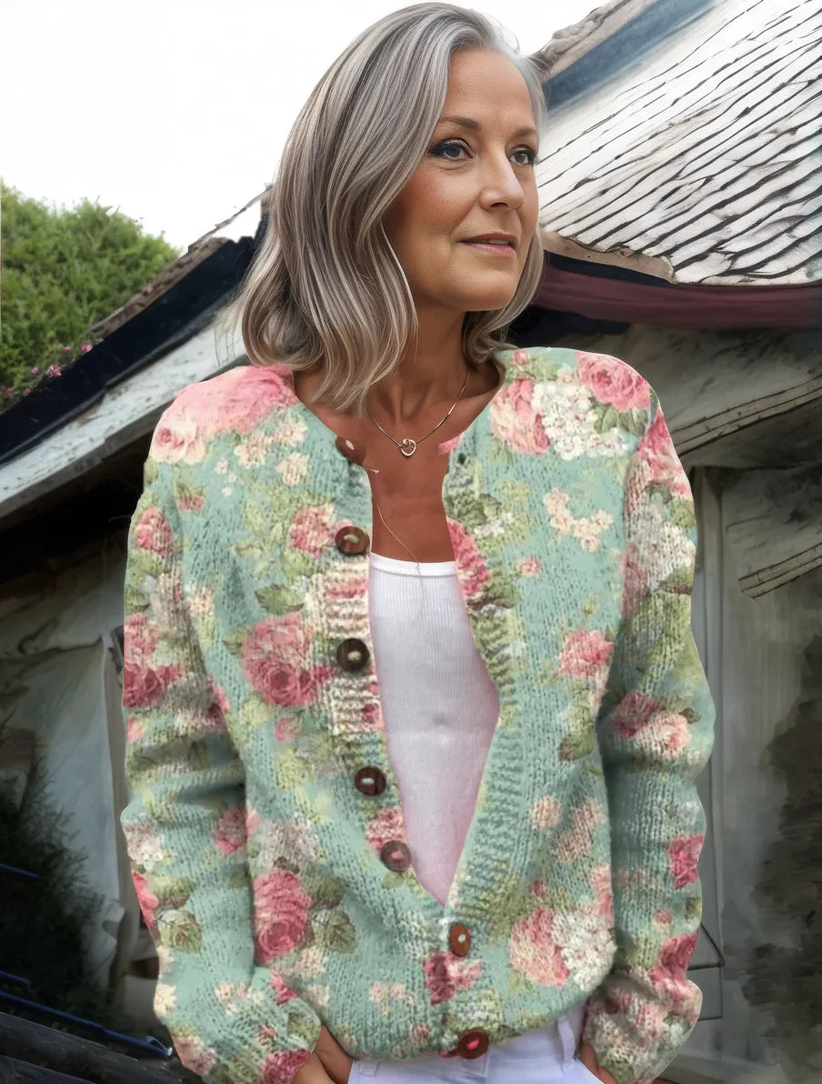 Grøn blomsterprintet kraveløs langærmet cardigan